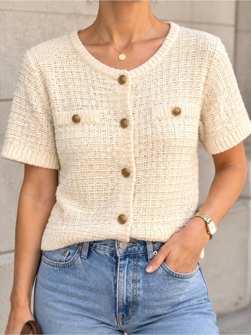 A New Day Cream Bouclé Knit Short Sleeve Cardigan Gold Buttons M cotton blend
